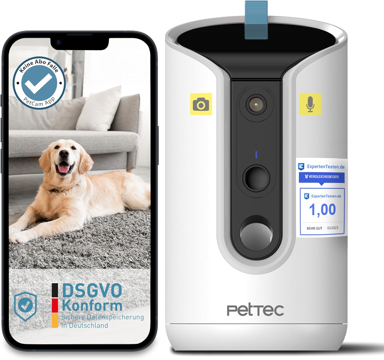 PetTec Cam Lite - Set di 2 telecamere di sorveglianza per animali domestici con app, rilevatore di movimento e trasmissione del cellulare, fotocamera WiFi, per interni con visione notturna, fotocamera