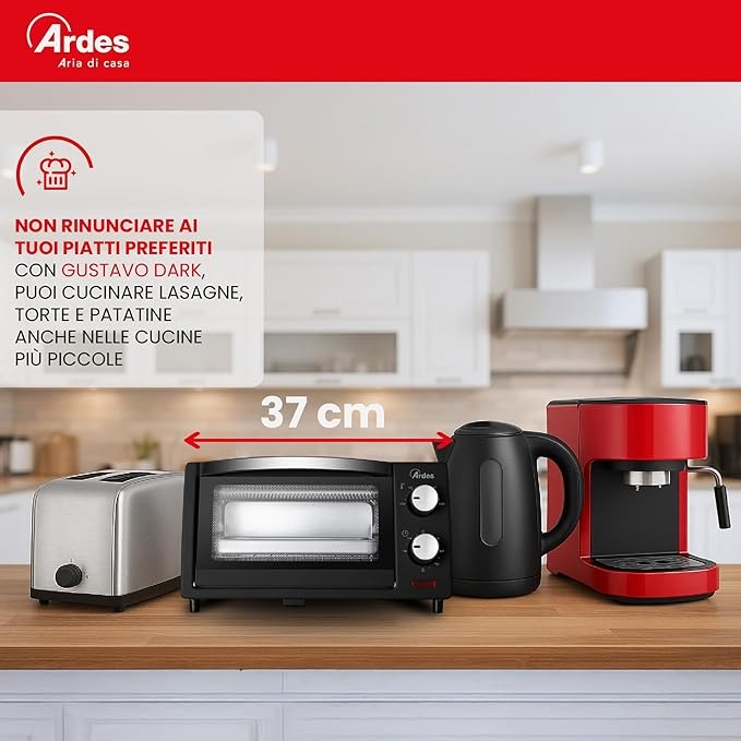 Ardes Gustavo Dark AR6211B - Fornetto Elettrico 10 litri - Forno elettrico con temperatura regolabile 100-230°C, timer 60' con spegnimento automatico, Doppio Vetro, Leccarda e Griglia Incluse