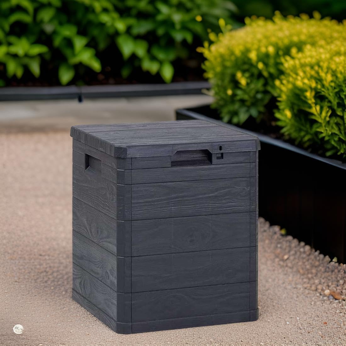 MA MAISON Bauletto Multibox da Giardino 90 Litri Effetto Simil Legno Contenitore Stoccaggio in Resina Antracite 42,5x44x50h cm da Esterno da Interno Resistente ai Raggi Uv - Made in Italy