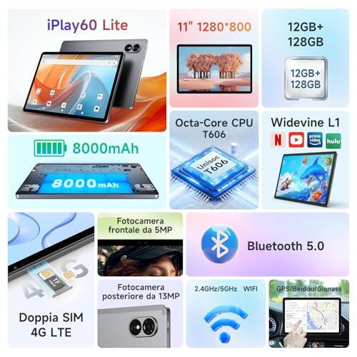 ALLDOCUBE iPlay60 Lite Tavoletta Android 14, Tavoletta PC 11 Pollici 1280 * 800 Incell IPS, 12(4 8) GB RAM 128GB ROM/TF 512 GB, Tavoletta Gaming Octa core, 5MP 13MP, Widevine L1, 8000mAh, 4G LTE/GPS : Informatica