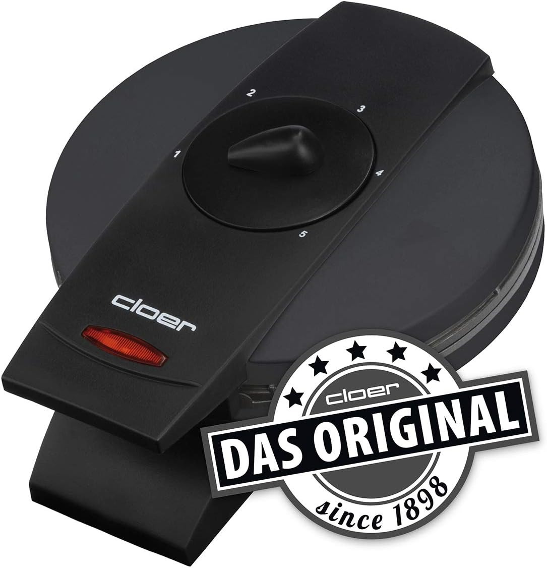 Cloer 1620 Piastra per Waffle a Cuore, 930 W, dimensione di cialda 15,5 cm, grado di doratura selezionabile, spia di controllo, corpo in metallo verniciato nero [Classe di efficienza energetica A]