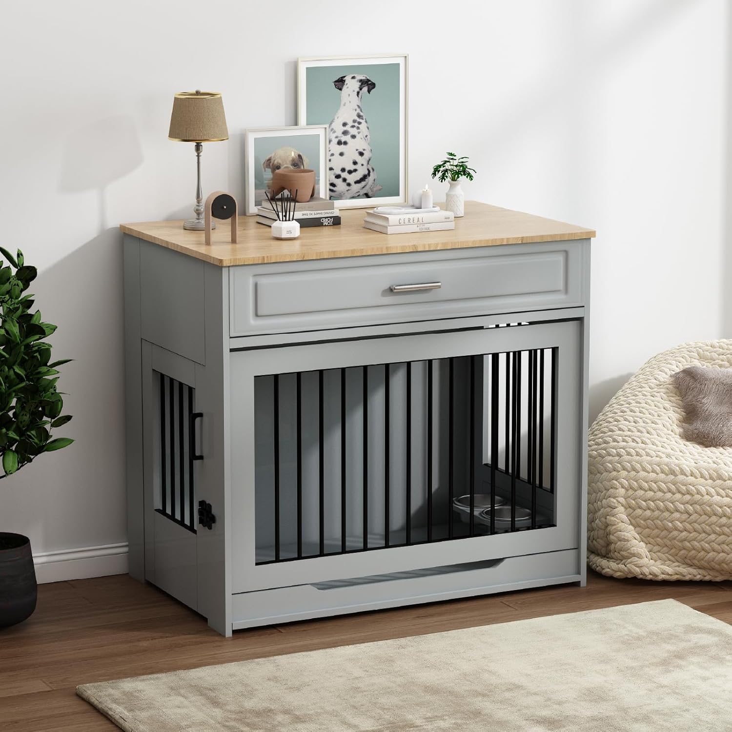 DAWNYIELD Mobili per Cani, Gabbia per Cani in Legno con Porta Scorrevole e Cassetto, Tavolino da Interno in Stile Arredamento con Ciotola Girevole a 360掳, Bianco