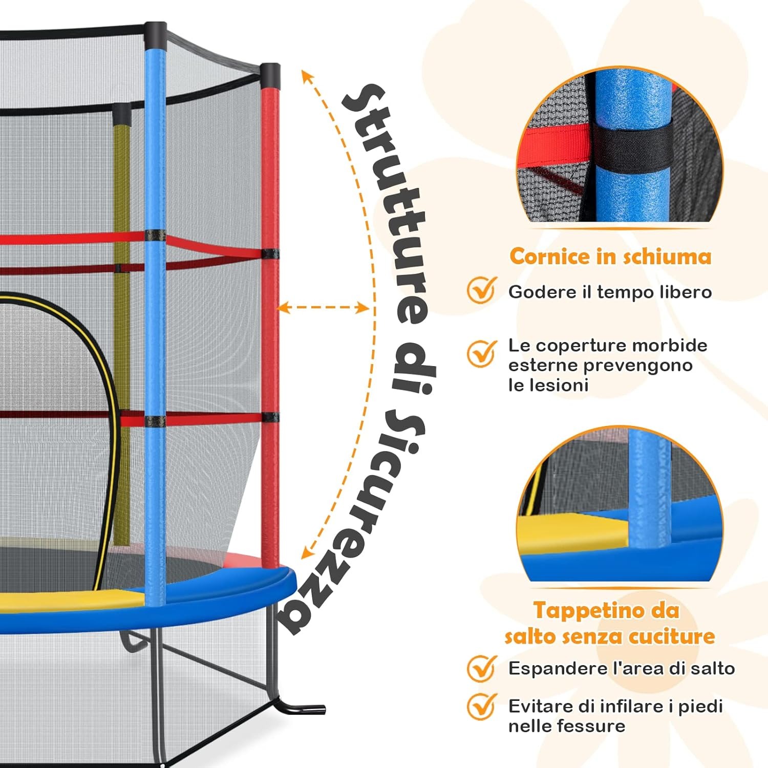 COSTWAY Trampolino Elastico Bambino in Acciaio, Tappeto Elastico Bambini da Esterno e da Interno, con Rete e Cusicnetti Antiscivolo