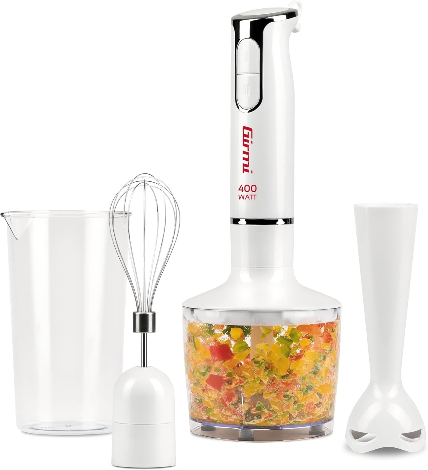 Girmi MX17 Mixer ad immersione con Kit, 3 in 1 frullatore-mixer-frusta, 400 W, Motore DC, 2 Velocità, Lame INOX, Misurino da 700cc incluso, Bianco