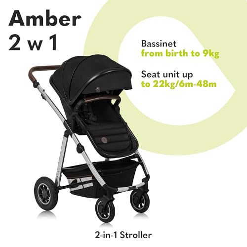 LIONELO Amber Passeggino 2in1 Duo Passeggino da 0 a 48mesi con Seduta secchiello   Navicella per neonato e bambini a 22kg Regolabile, pieghevole e leggero Ruote grandi Cappotina XXL (NeroArgento, Big) : Prima infanzia