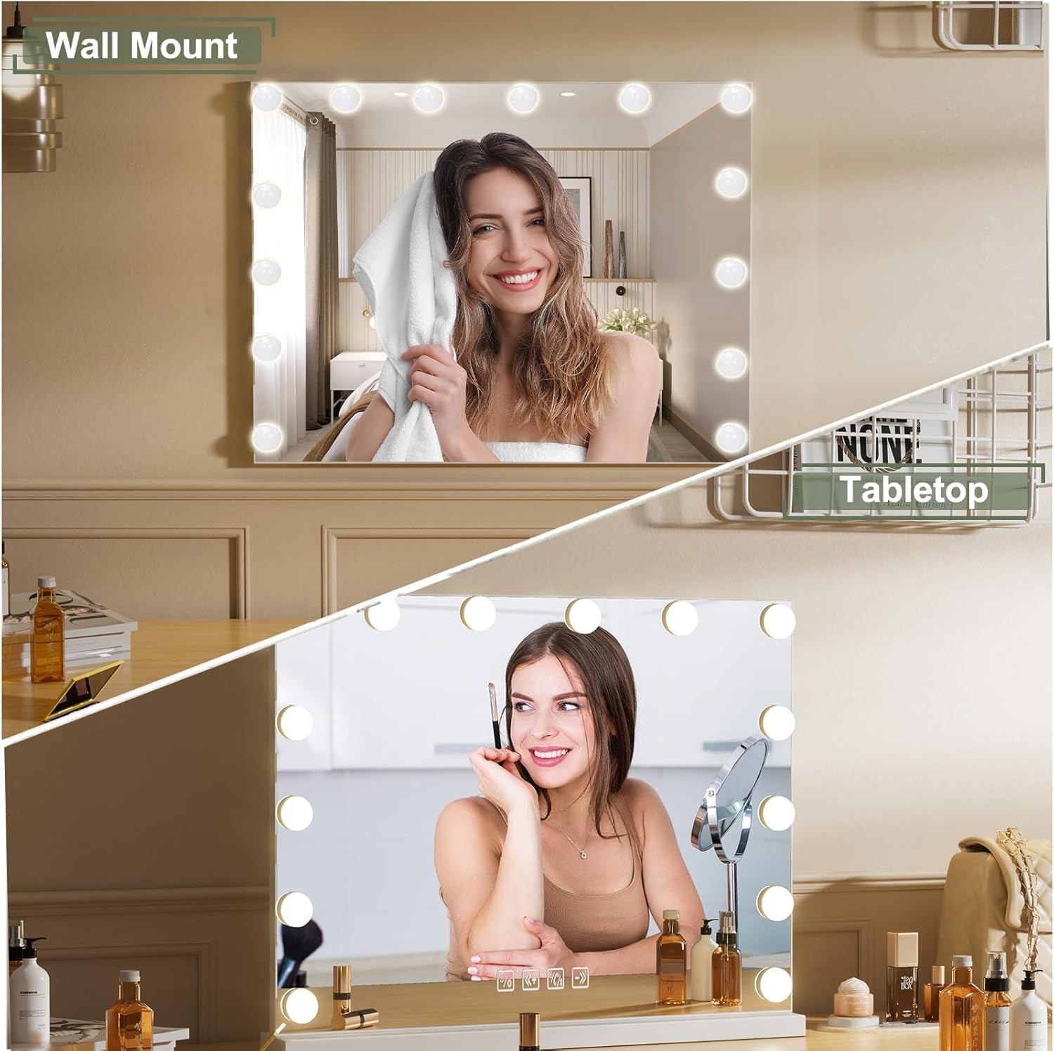 Teousev Hollywood Specchio Trucco con luci, Specchio Trucco con 14 lampade LED, Illuminato Specchio da Tavolo con 10x ingrandente, 50x40cm