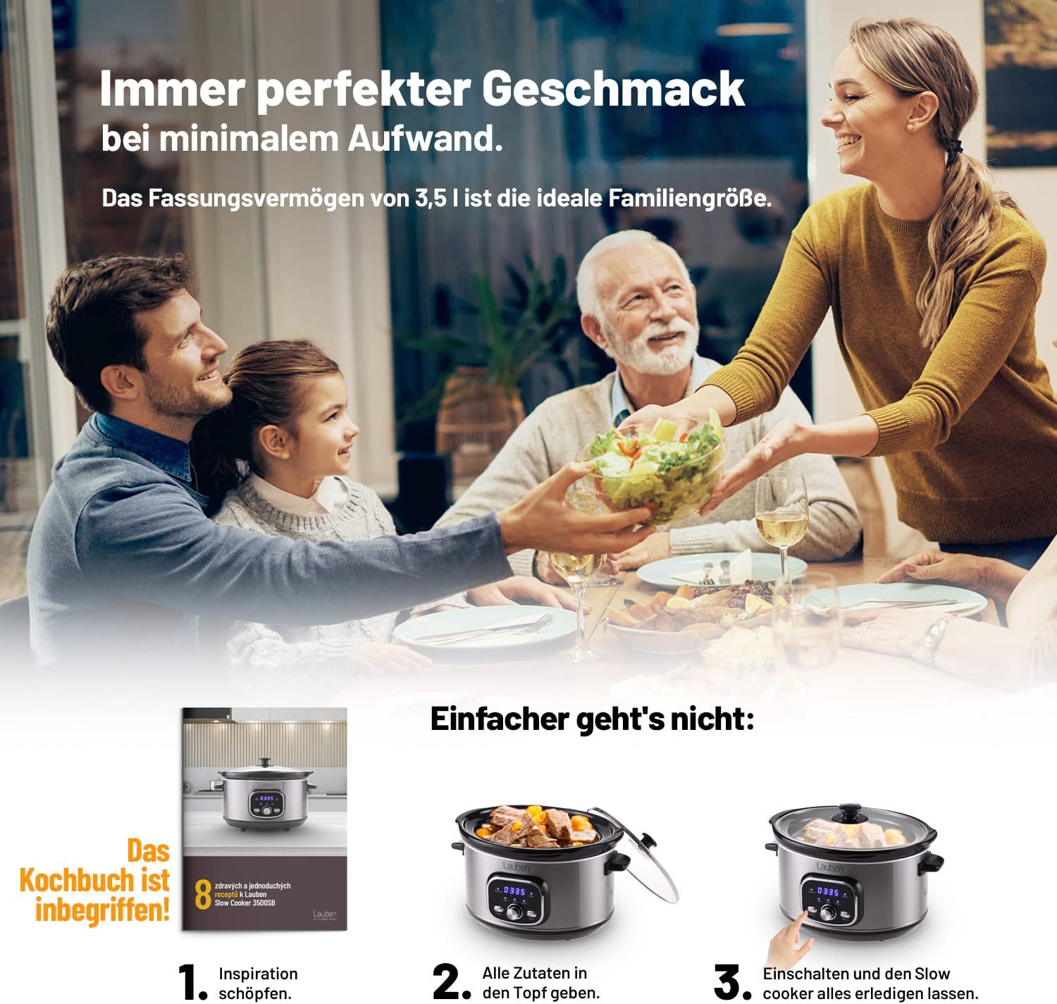 Lauben Slow Cooker 3500SB Thermeffect® SlowHeat® Cooking Pot with Ceramic Inner Container, Two Temperature Levels, Manual Time Adjustment, 3.5 L