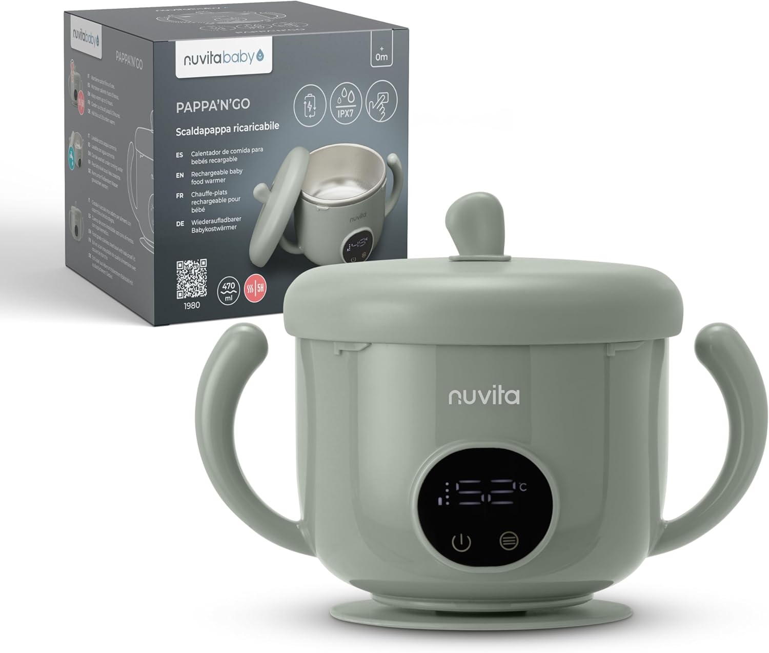 Nuvita 1980 Pappa'n'Go Portable Food Warmer for Kids - Rechargeable, Waterproof, Intelligent Temperature Control, Stainless Steel Interior and Non-Slip Base