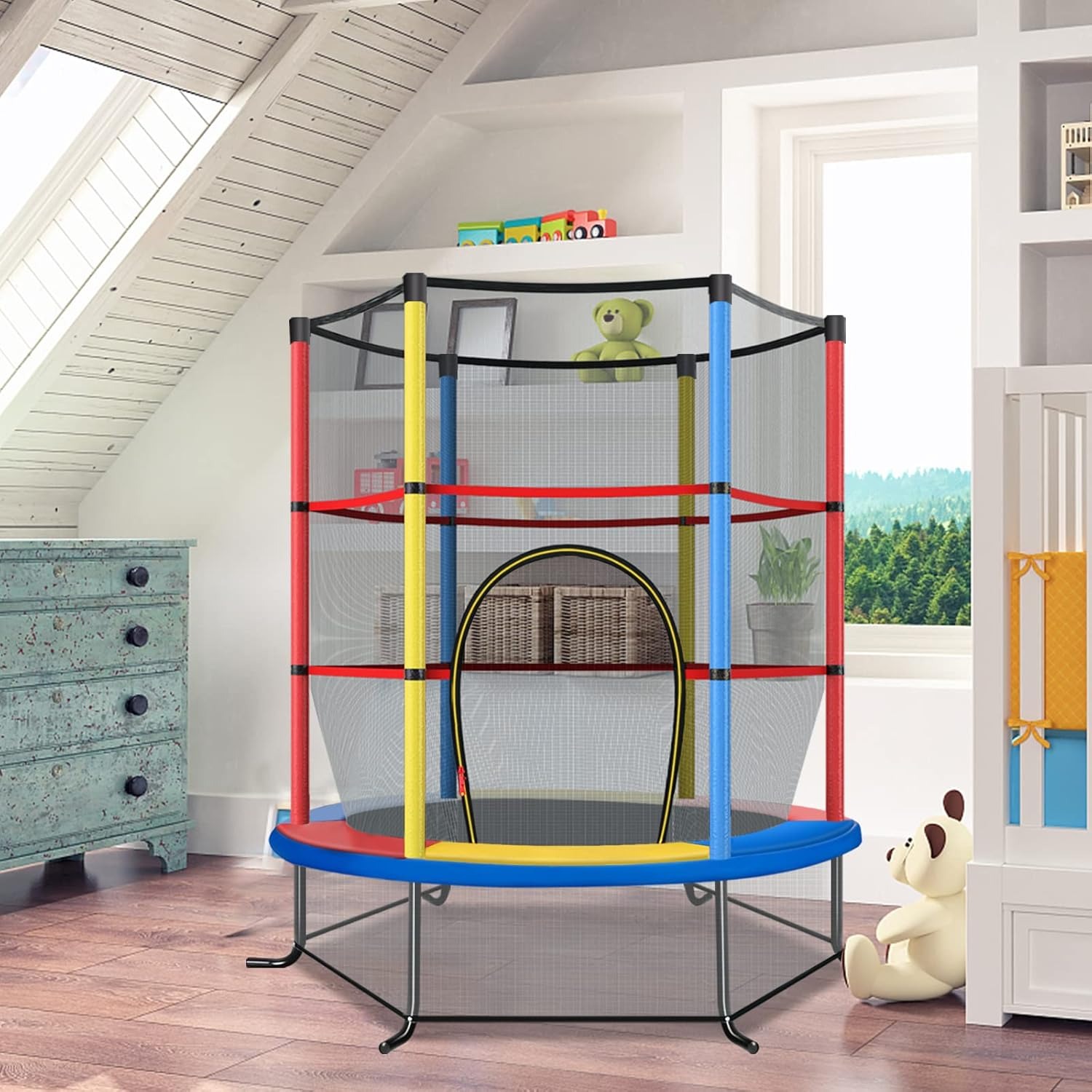 COSTWAY Trampolino Elastico Bambino in Acciaio, Tappeto Elastico Bambini da Esterno e da Interno, con Rete e Cusicnetti Antiscivolo