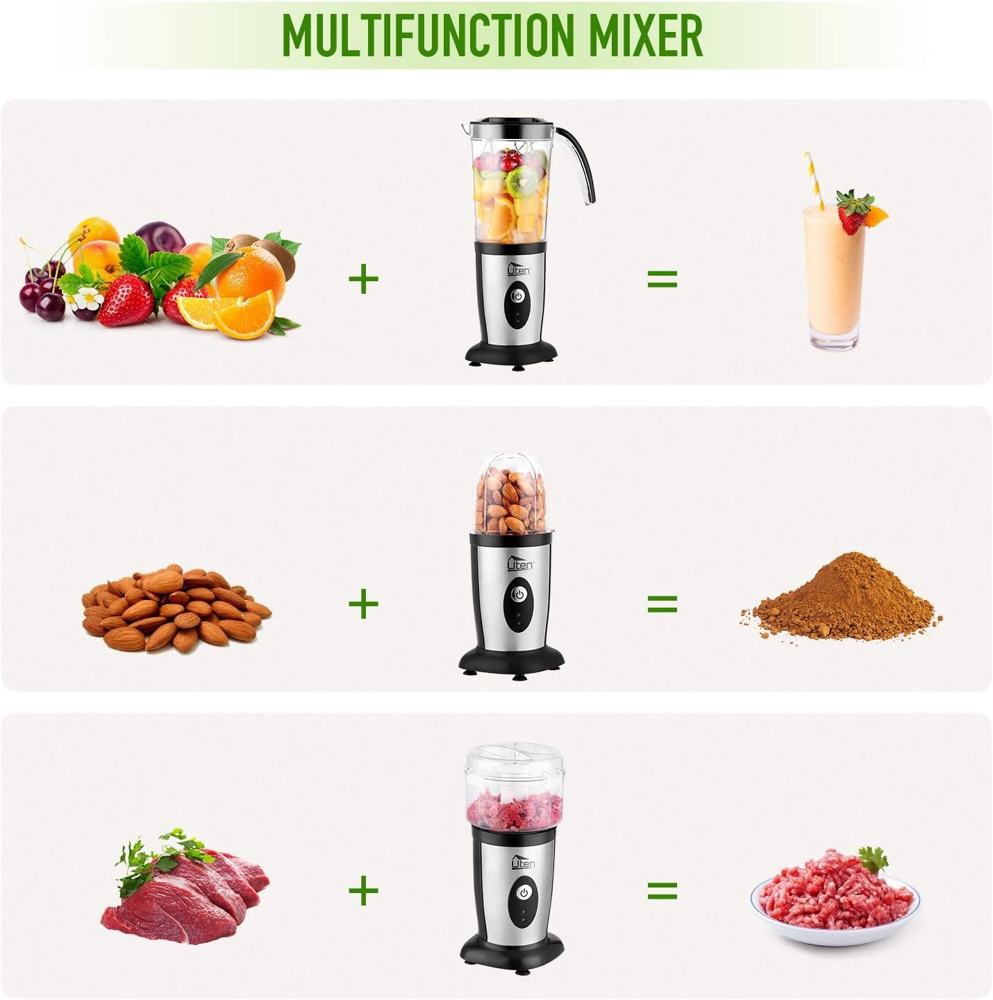 Uten Frullatore Smoothie, 5 in 1 Mini Blender Frullatori da Cucina, 220W Juicer per Frullato, Frullatore Portatile con Tritacarne, per Sport, Viaggi e Casa, 22000r/min, Fucco di Frutta e Verdura