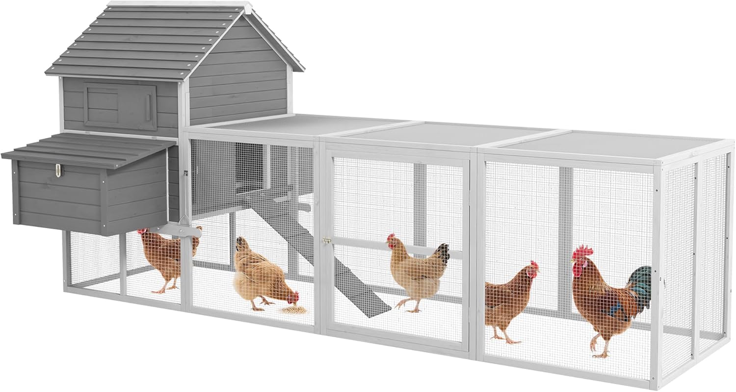PawHut Pollaio per Galline Ovaiole da Esterno, Casetta per Galline con Rampa e Area Aperta Recintata, 310.5x149.5x149cm, Grigio
