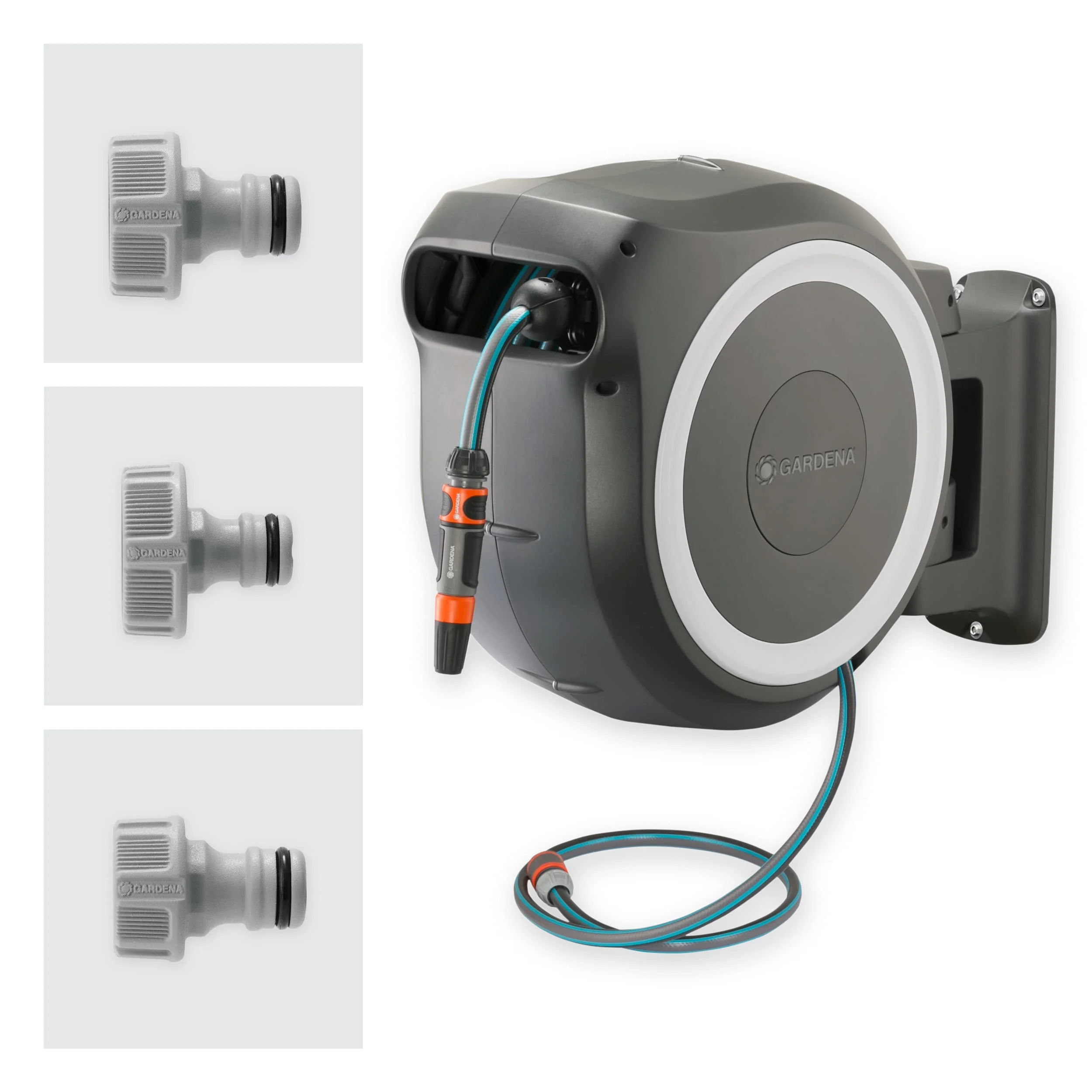 Gardena Cassetta Avvolgitubo da Parete RollUp M/L (bianco) 25 m: Irrigazione flessibile per giardini da medi a grandi, cassetta orientabile, incluso tubo Gardena da 25 m e accessori di montaggio (18622-20)