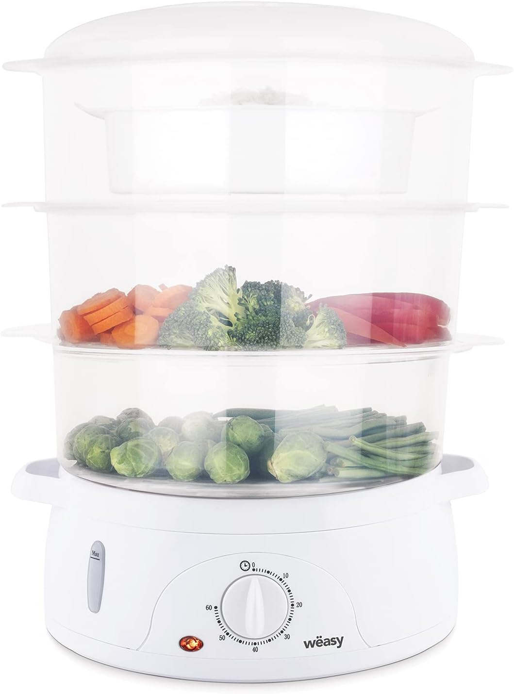Wëasy - VEGE8 Electric Steamer Multifunctional 9L 3 Stackable Removable Bowls for Cooking Eggs, Vegetables, Meat, Fish, Rice Bowl, 60min Timer, Vitamin Preservation