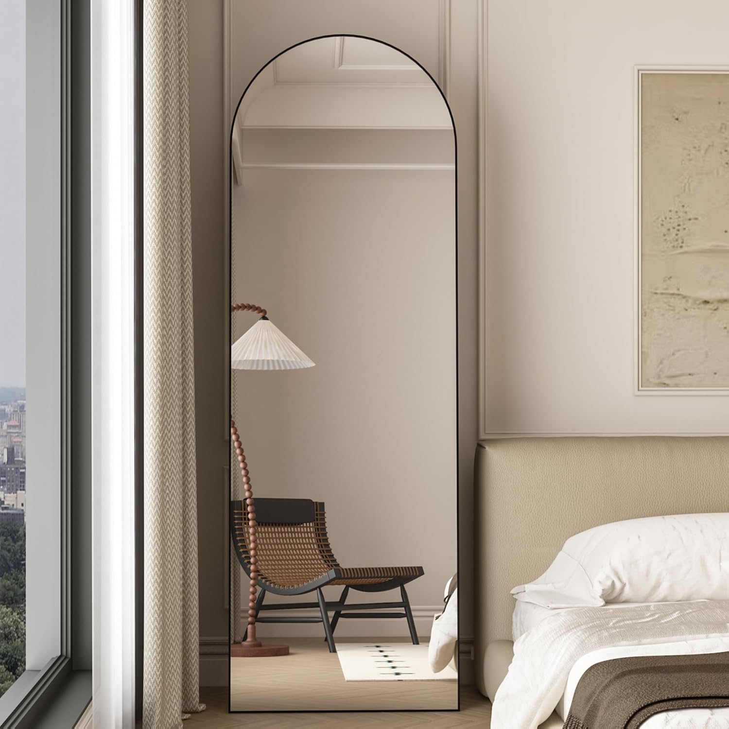 Elemango Specchio da pavimento curvo, 165 x 60 cm, colore oro, con cornice in alluminio, parte superiore curva, da appendere o appoggiare, per camera da letto, soggiorno