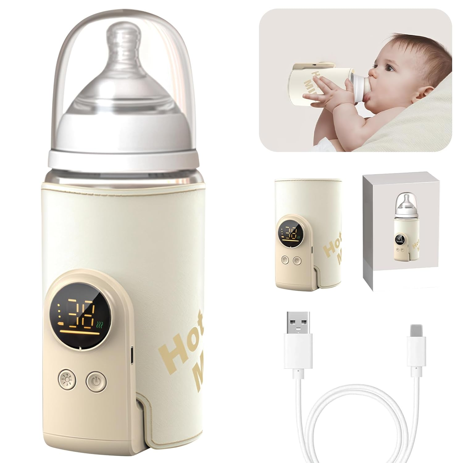 scaldabiberon per bambini, portatile, con display a LED, riscaldamento rapido e caldo 48 ore, 6 temperature regolabili, scaldabagno USB per la casa e i viaggi