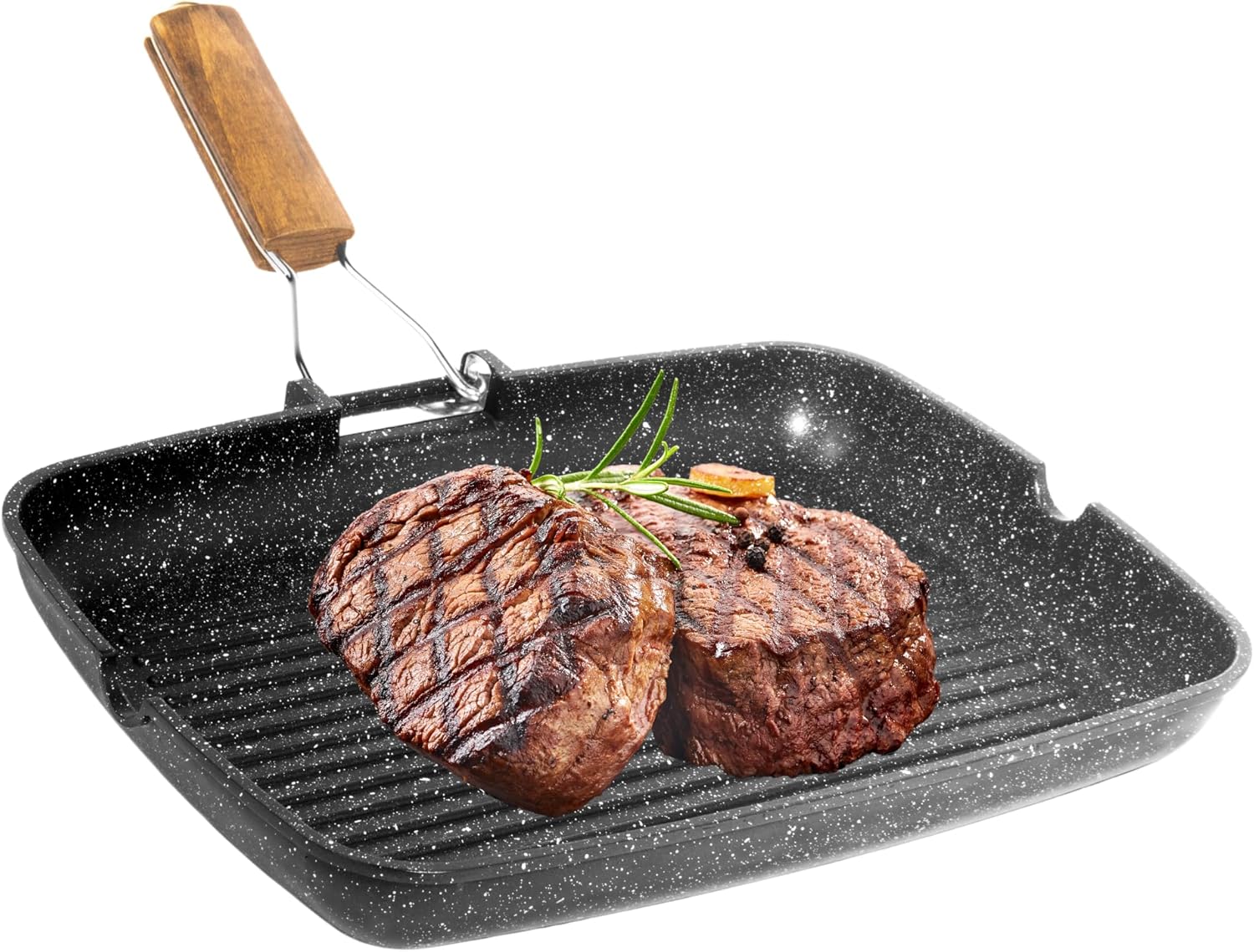 NAMAI - Non-Stick Stone Grill Pan, 36 cm x 24 cm, Die-Cast Aluminium, Dishwasher-Safe, Foldable Handle, Made in Italy