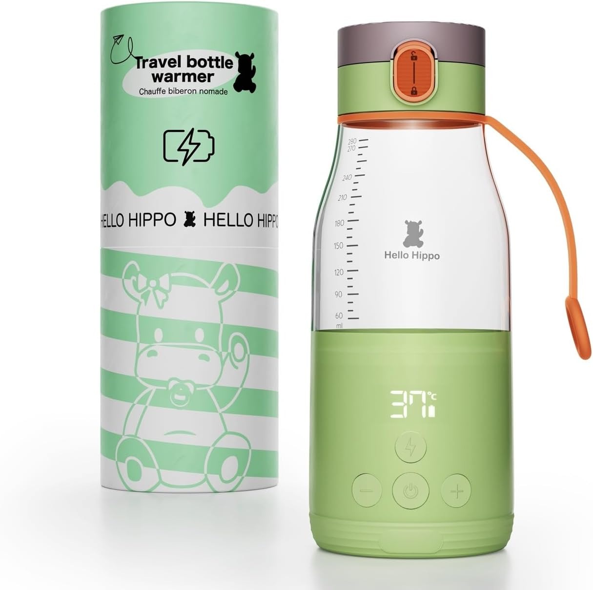 HELLO HIPPO® Premium Scaldabiberon portatile Carica USB - Scaldabiberon nomade per latte e acqua - Capacità 280 ml - incrementi di 30 ml - Temperatura regolabile fino a 50°C - Pratico e leggero