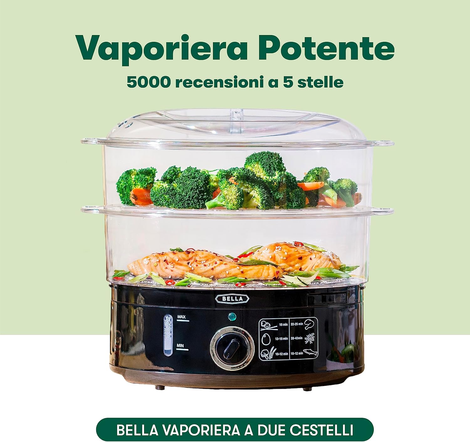 BELLA Two-Tier Steamer with Stackable Containers and Detachable Base for Fast and Simultaneous Cooking - Automatic Shut-off and Dry Boiling Protection, Capacity 7 L, Black