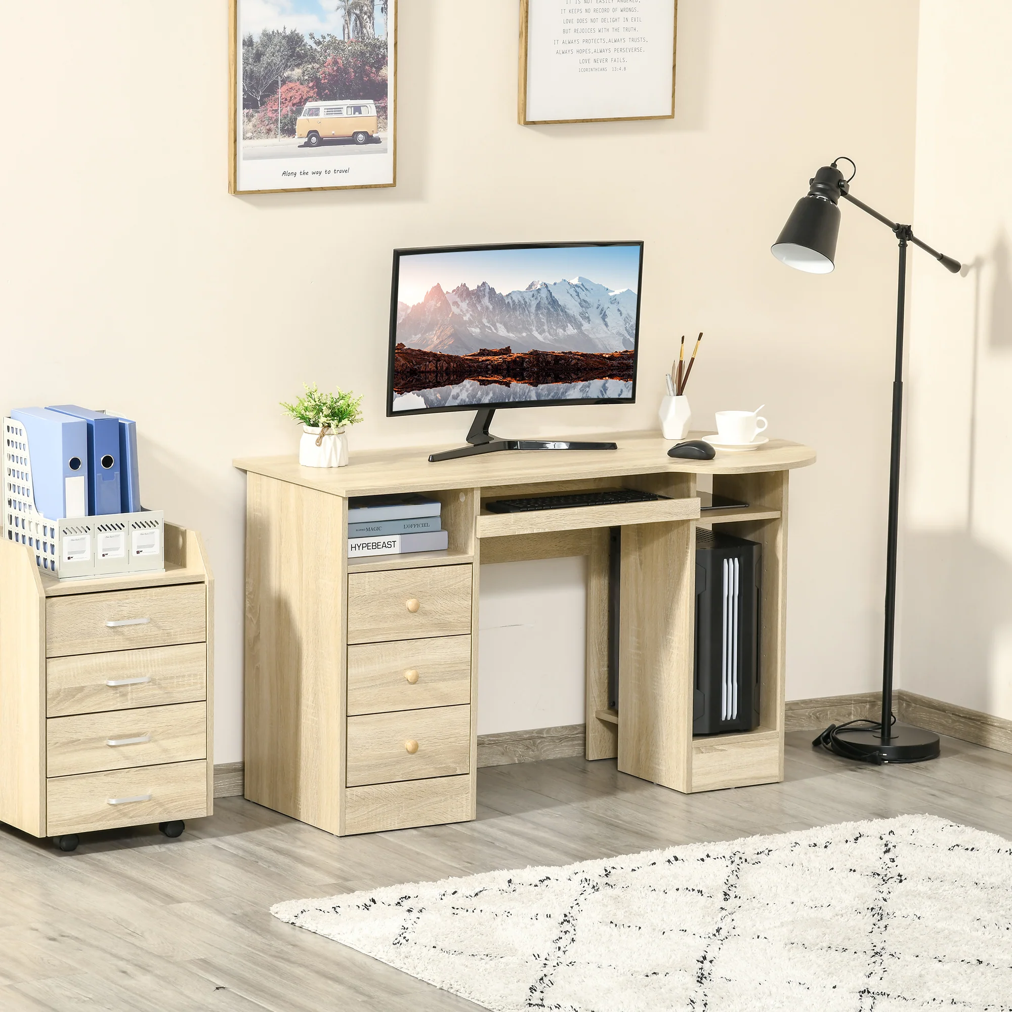 Easycomfort Scrivania da PC per Ufficio con Scaffali, Cassetti e Ripiano Testiera in Legno, 125x60x74cm