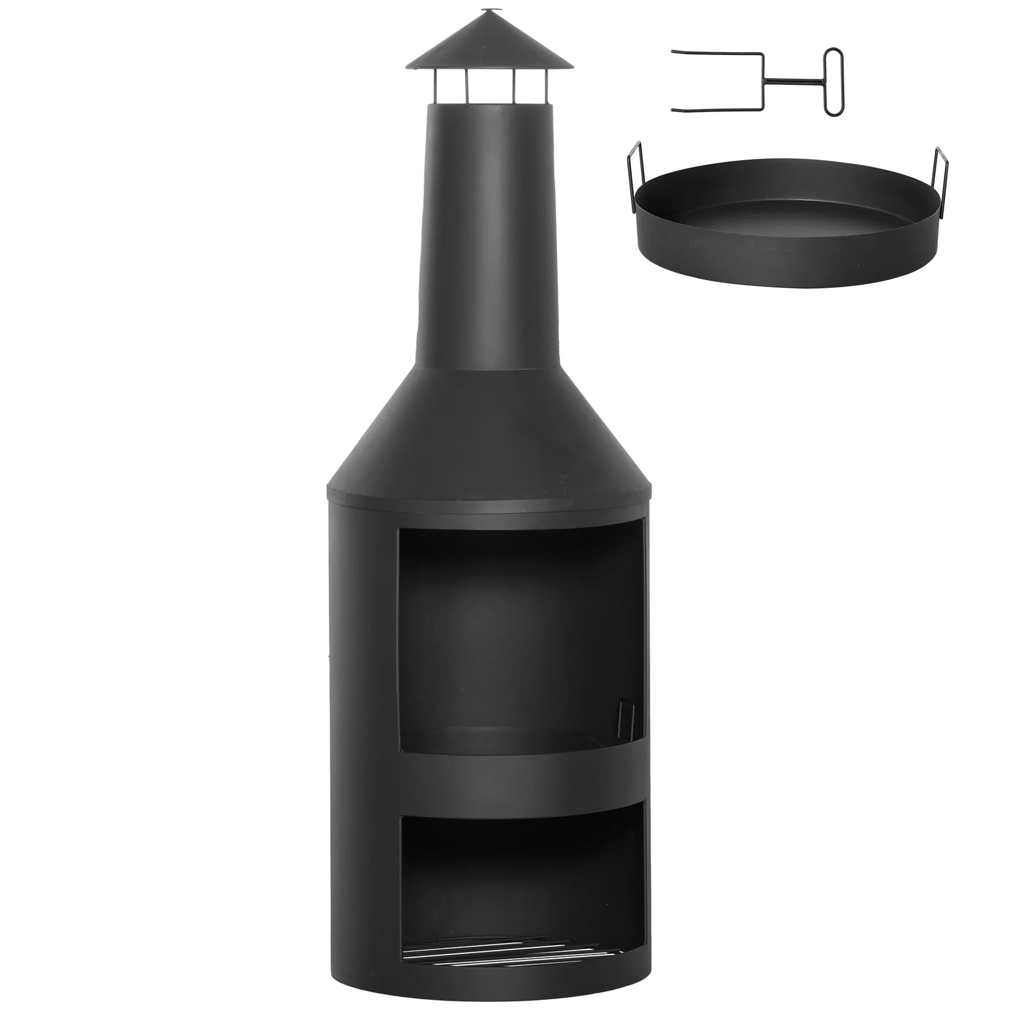 EasyComfort Braciere da Giardino in Metallo con Camino, Porta Legna e Attizzatoio Ø44,5x133 cm, Nero
