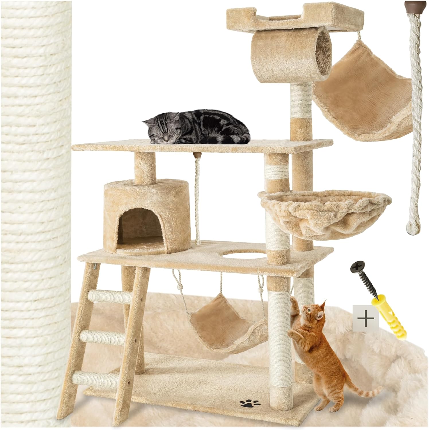 tectake® Multifunctional Cat Scratching Post with Hammock, Cat Tree with High Platforms and Sisal Columns, Cat Tree Ideal for Play and Relaxation – Black