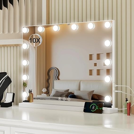 Teousev Hollywood Specchio Trucco con luci, Specchio Trucco con 14 lampade LED, Illuminato Specchio da Tavolo con 10x ingrandente, 50x40cm
