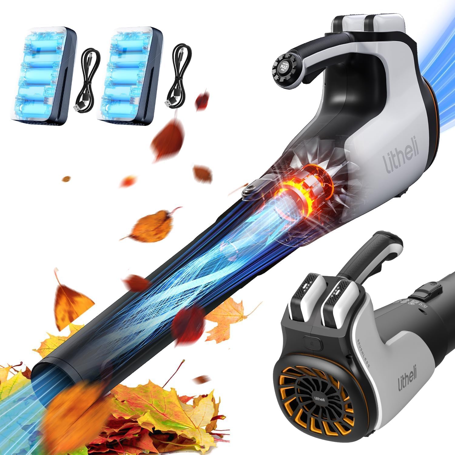 Litheli Battery Blower, 137 km/h, 604 m³/h, Garden Leaf Collector with 20 V 2.0 Ah Battery, Lightweight Design, Double Speed