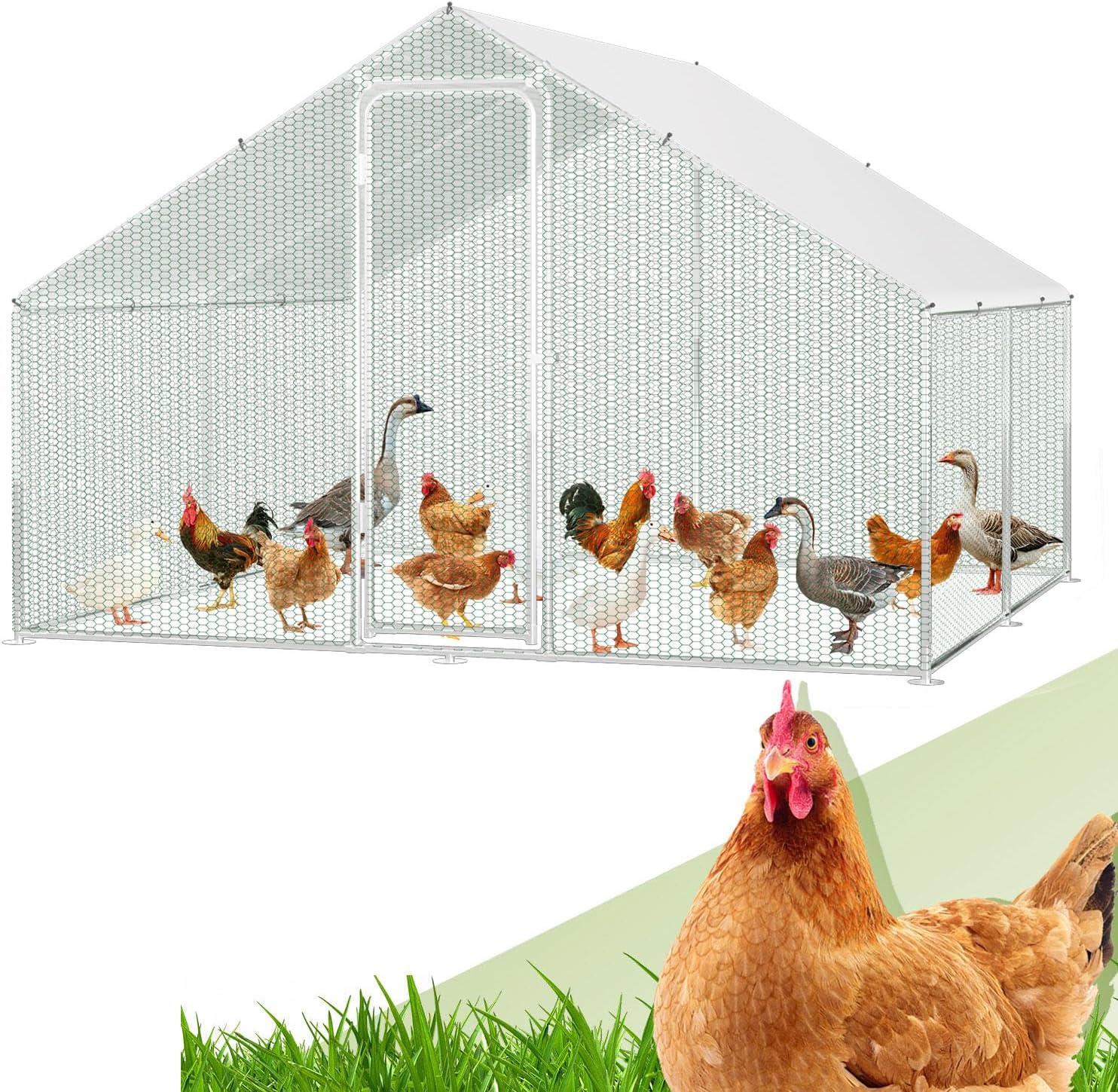 Randaco XXL Chicken Coop Fence with Lock, 3 x 4 x 2 m, Galvanised Steel for Small Animals with Waterproof Polyethylene Cloth, Sturdy Steel Frame, Poultry Farm