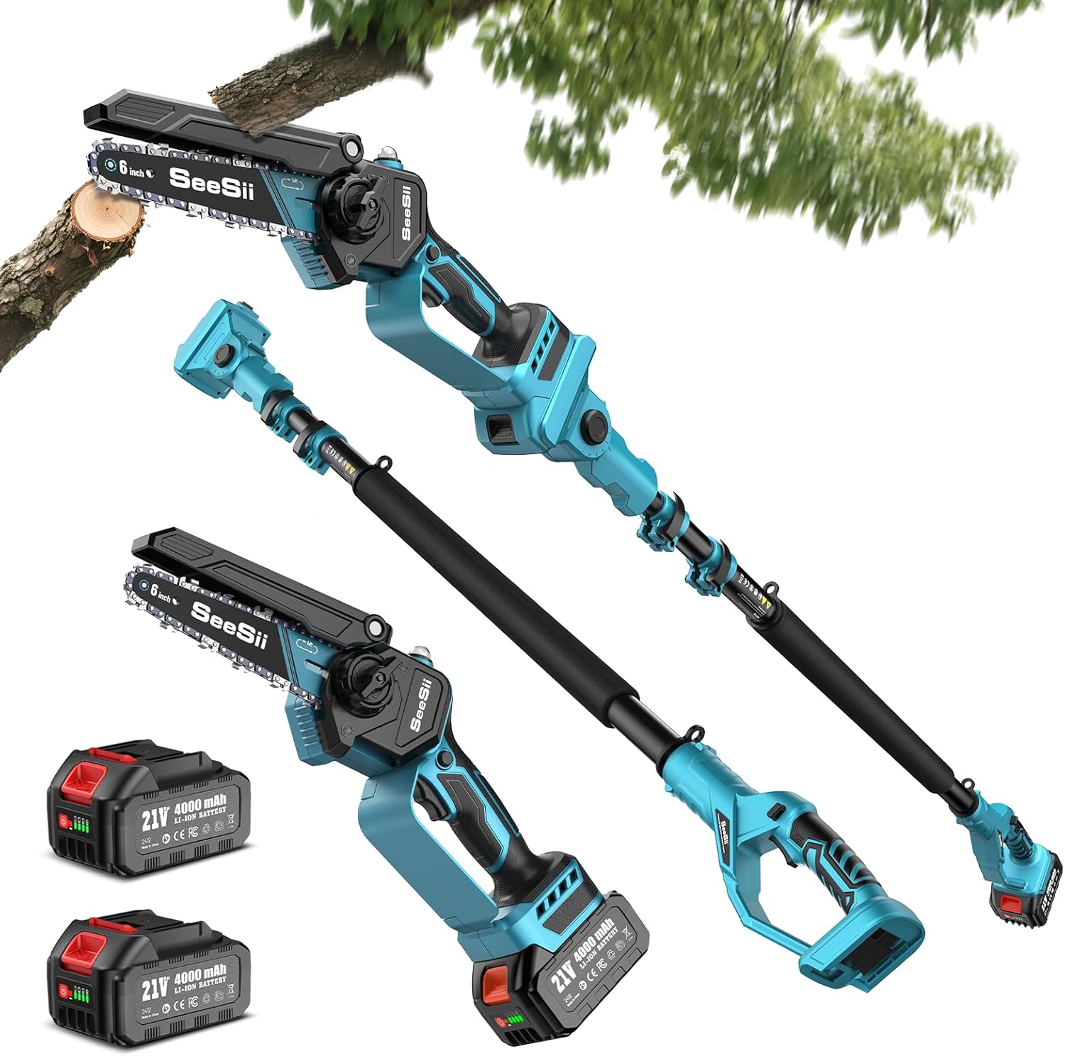 SEESII Mini Motosega a Batteria 8000mAh, 900W 6 Pollici Motosega Elettrica per Potatura con Pompetta Olio e Catena di Ricambio, Motosega da Potatura per il Taglio del Legno Giardini, 6C10SM