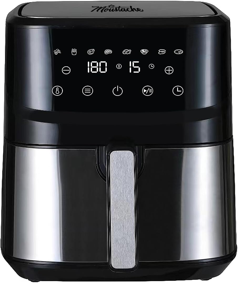 La Moustache - Friggitrice Senza Olio 8L ad Aria Calda 1700W con E-Book di Ricette, 2 Cestelli Separati, 10 Programmi, Timer, Griglie Antiaderenti, 6 in 1, Frigge/Griglia/Riscalda (DuoFry Gray)