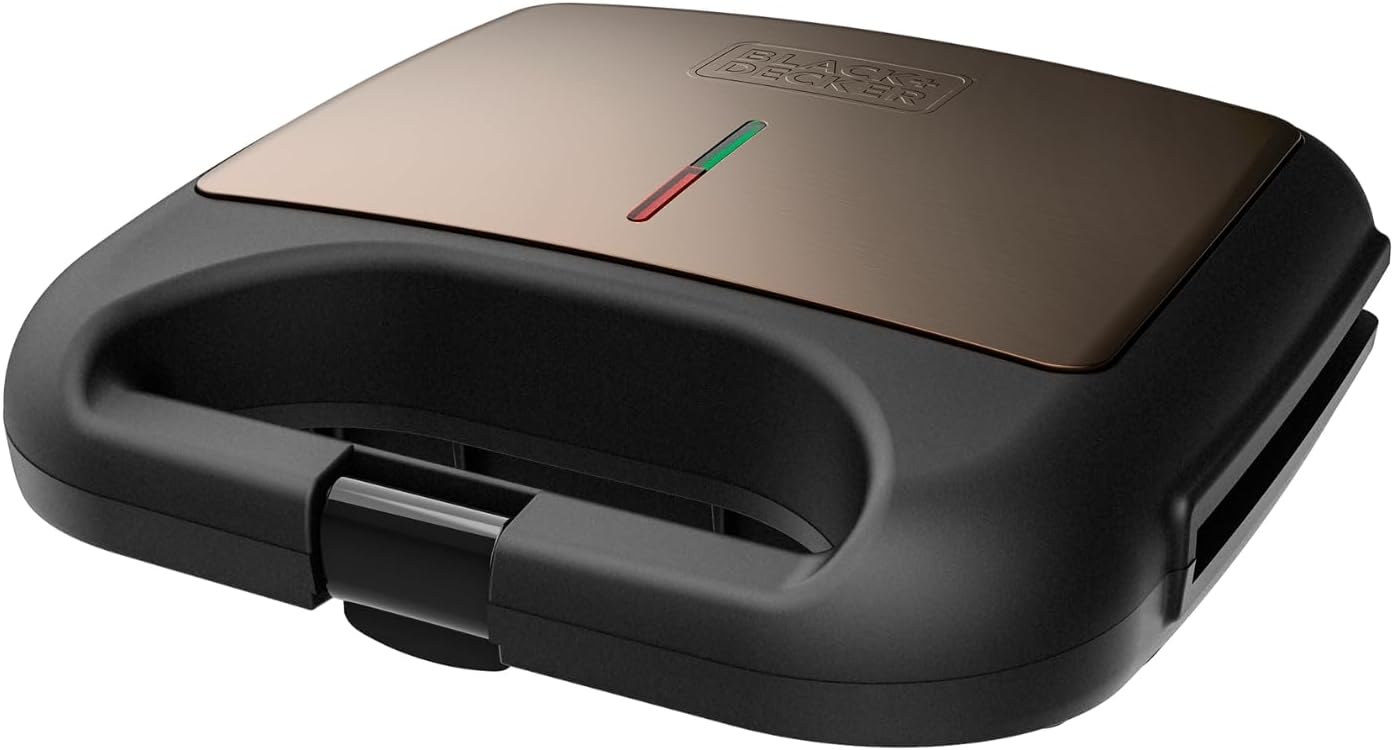 BLACK+DECKER Tostiera BXSA752, 750W, piastre grill antiaderenti, 21,5x12,5 cm, luce a temperatura ideale, compatta e facile da riporre