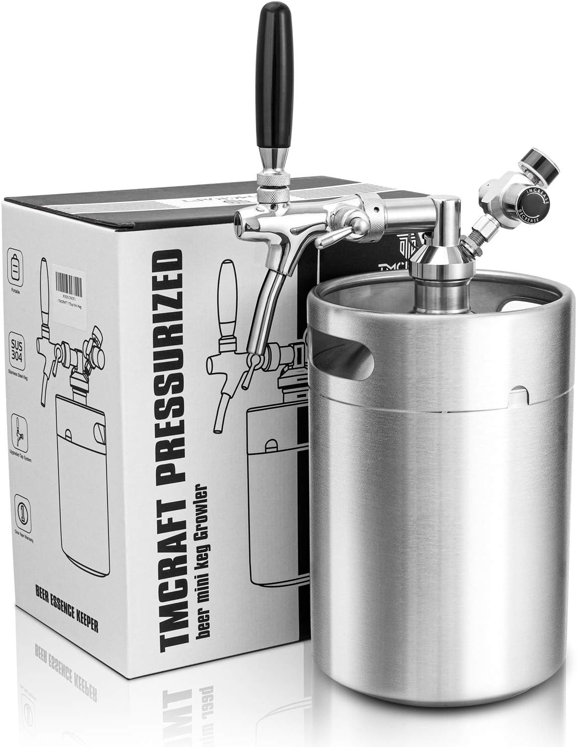 TMCRAFT 5 Litre (170oz), Mini Barrel Growler, Stainless Steel Pressure System with Adjustable Tap, Can Keep Drinks Cool and Carbonated for Home and Craft Beers