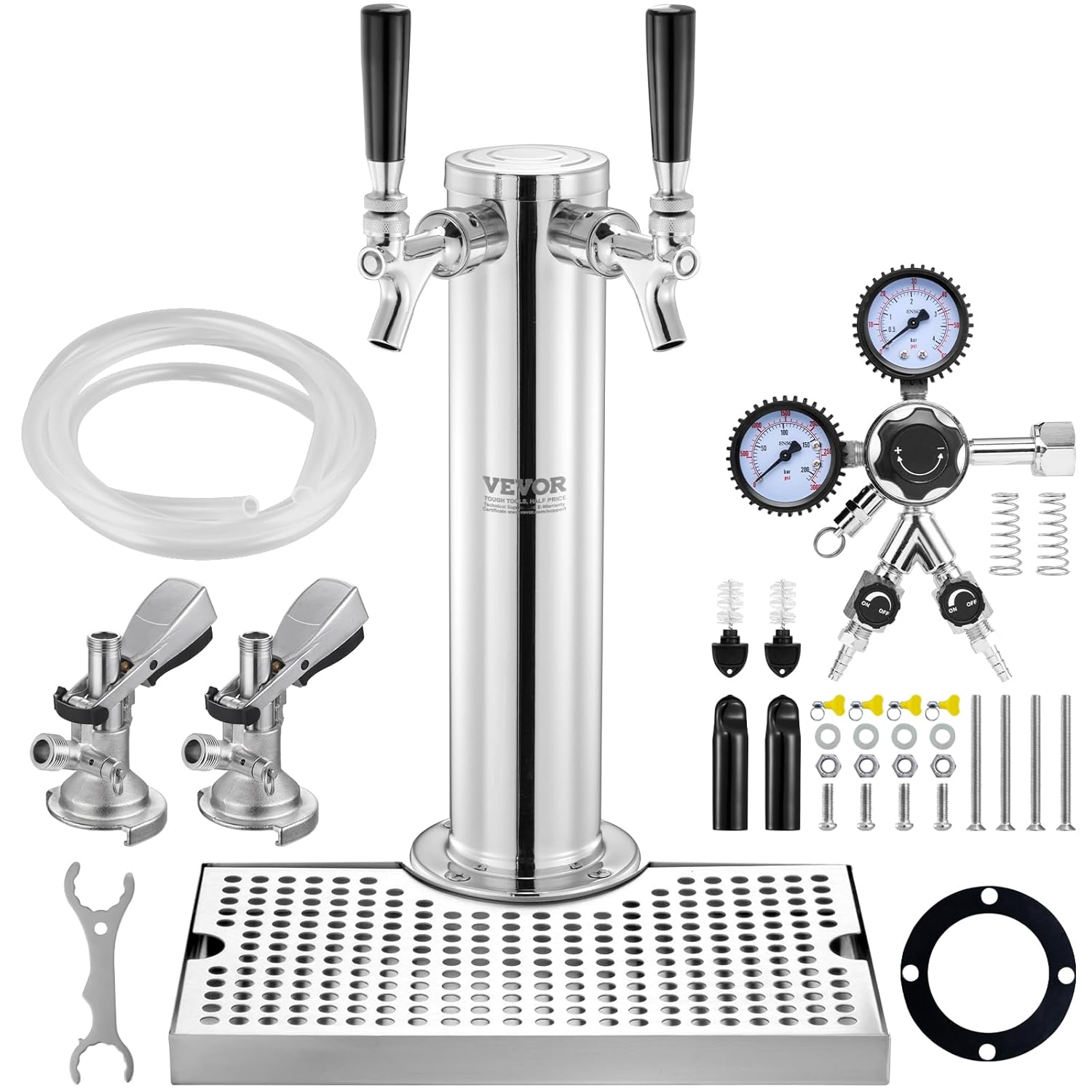 VEVOR Double Tap Beer Conversion Kit, Beer Tower Distributor for Stainless Steel Kegs Regulator W21.8 Double Gauge Coupler Kegs and Drip Tray for Home
