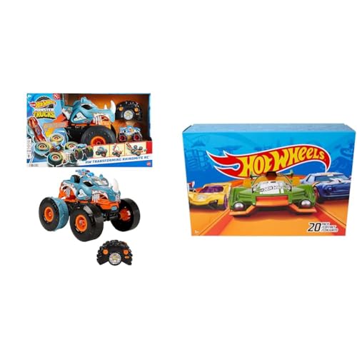 Hot Wheels Monster Trucks   Rhinomite Trasformabile Radiocomandato in scala 1:12 & Confezione da 20 Macchinine, Veicoli in Scala 1:64 Assortiti : Giochi e giocattoli