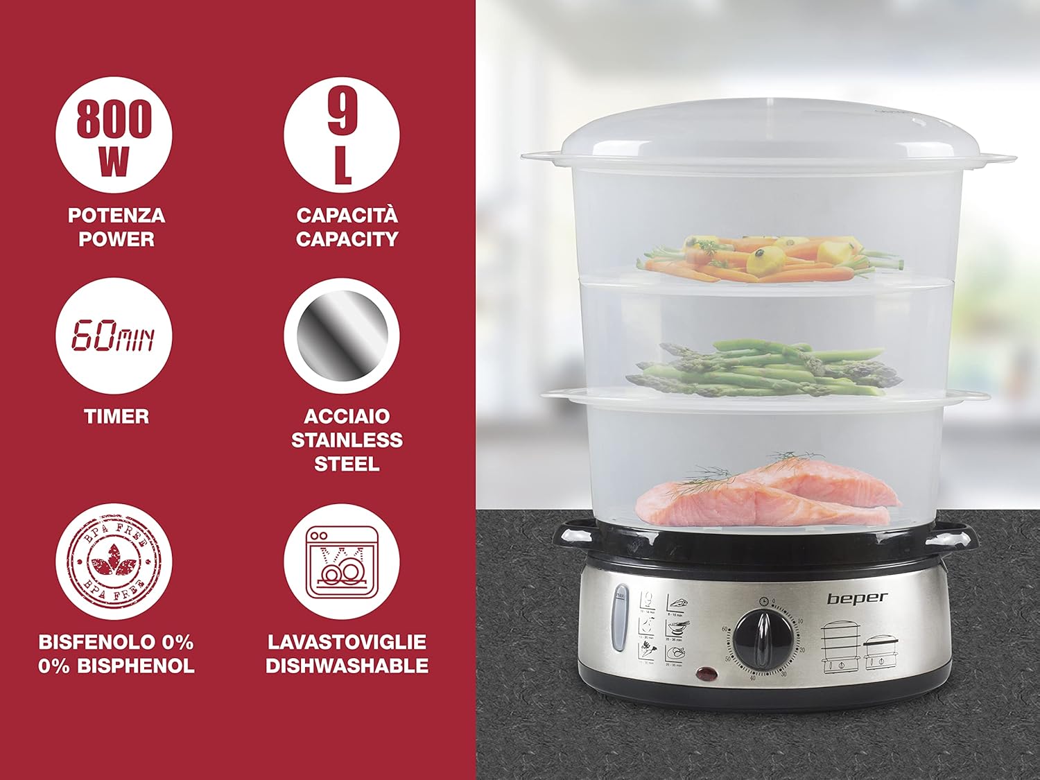 Beper BC.261 5 Litre Electric Steamer with Timer for Steaming Rice, Fish, Ravioli, Vegetables, Meat – BFA Free