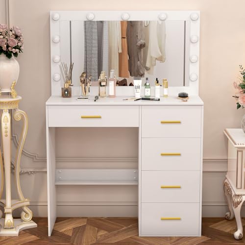 Teousev Toilette Trucco con Specchio, Toeletta Trucco con Luci, Postazione Trucco con 5 Cassetti, Tavolo Trucco per La Camera Da Letto, 80X36X131cm, Bianco, JR27 : Amazon.it: Casa e cucina