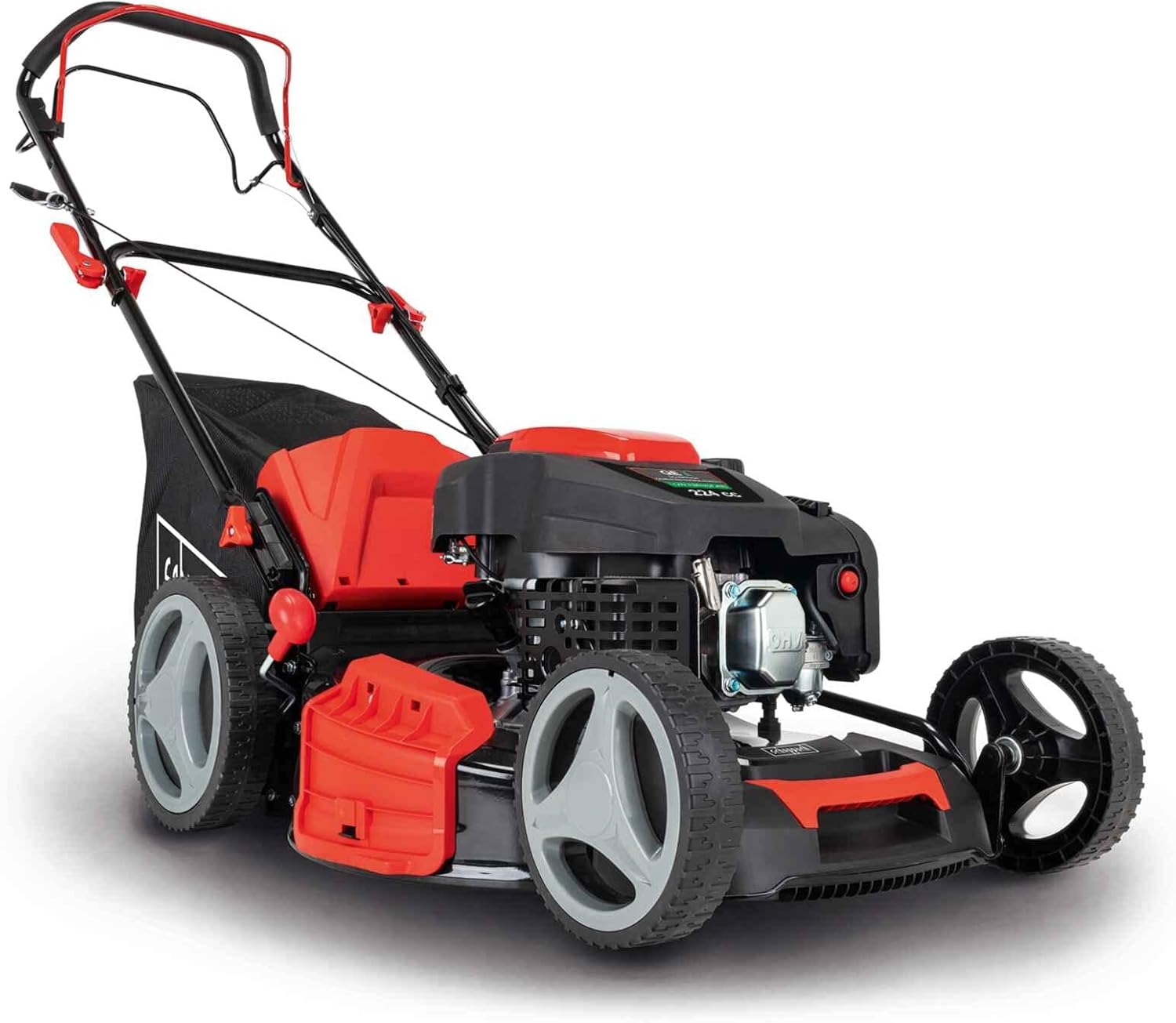 Scheppach MS225-53 - Tosaerba a benzina con azionamento, 6 CV, larghezza di taglio 53 cm, funzione di pulizia, cestino di raccolta da 65 litri, alloggiamento in acciaio, regolazione in altezza a 7