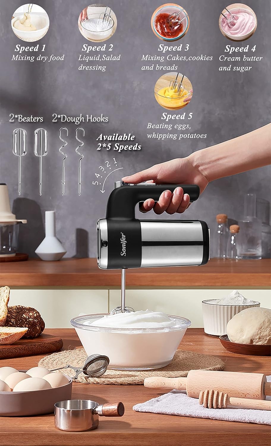 Sonifer Frullatore a mano in acciaio inox, 500 W, miscelatore elettrico, 5 livelli più turbo, design pulsante di espulsione, lavabile in lavastoviglie, 2 ganci, 2 fruste, 1 base [Classe di efficienza energetica A+++]