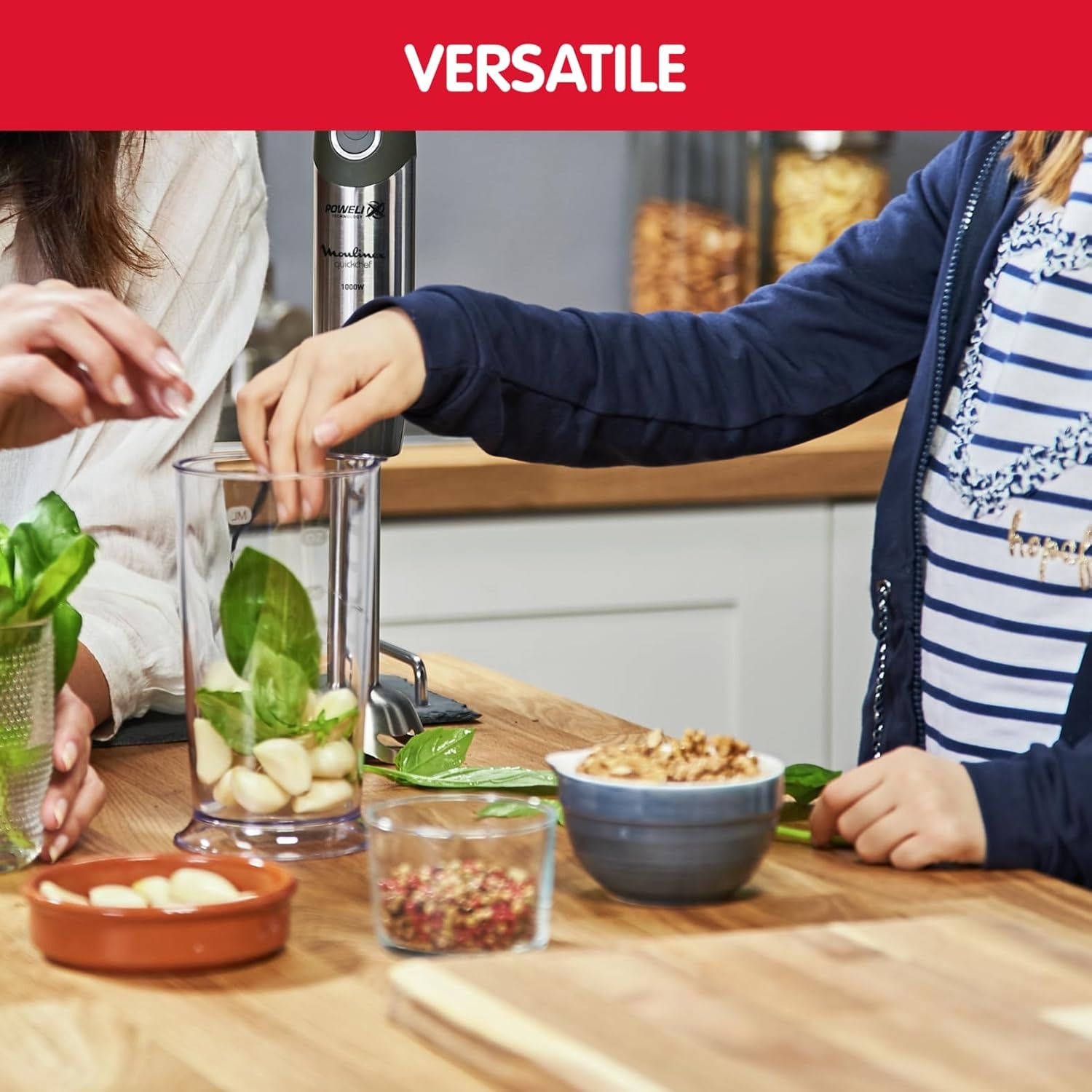 Moulinex DD6558 Quickchef 3in1 Frullatore a Immersione, 1000 W, Mixer con Tecnologia Powelix e 10 Velocità, 3 Accessori, Bicchiere 800 ml, Tritatutto 500 ml e Frusta, Lame in Acciaio Inossidabile