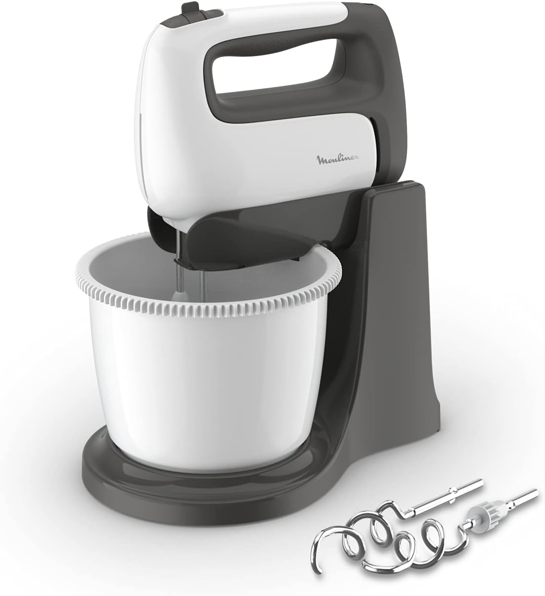 Moulinex HM4641 Prep'Mix+ Sbattitore Elettrico, con Fruste e Ganci Impastatori in Acciaio Inox per Mescolare, Sbattere e Montare, Recipiente Autorotante da 2.5 L, 5 Velocità e Impostazione Turbo