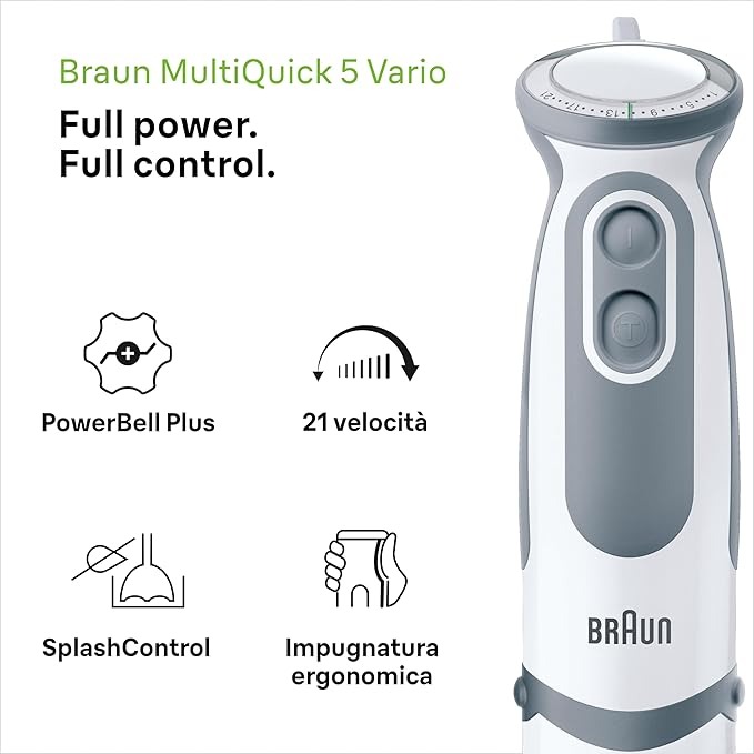 Braun MultiQuick5 Vario MQ5235WH MINIPIMER CON 5 ANNI DI ASSISTENZA, Frullatore, 21 velocità, Dotato di tritatutto da 500ml, frusta e Bicchiere da 600ml, Potenza 1000W, 3 accessori, bianco/grigio [Classe di efficienza energetica A]