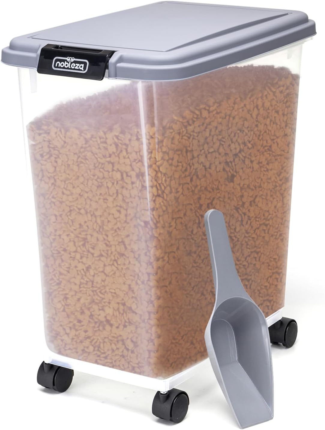 Nobleza - Contenitore per Animali da 20 L, Animali Domestici Scatola di Alimenti con Ruote Contenitore, Coperchio Ribaltabile, Ermetico, Trasparente, Ruote e Pala, per Cibo per Cani e Gatti, Grigio