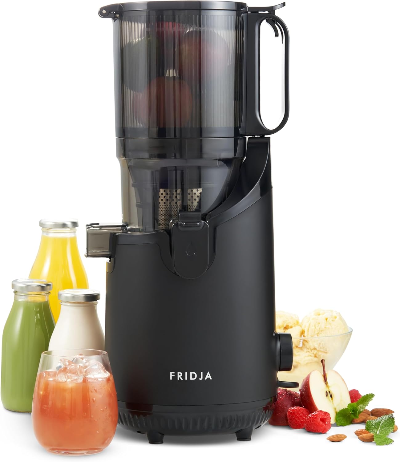 Fridja F1900 Estrattore di Succo Potente 鈥?Estrattore a Freddo Lento 鈥?Acciaio Inox Nero, Senza BPA 鈥?Succo Fresco e Salutare, Sorbetto, Gelato 鈥?240 Watt, Bocca Larga da 75 mm 鈥?Nero