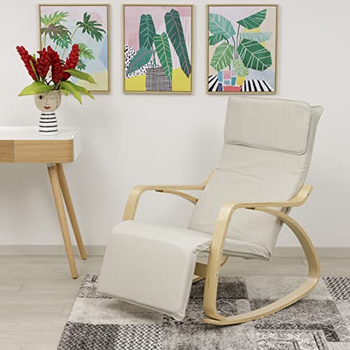 Baroni Home Sedia a Dondolo con Braccioli in Legno da Interno, Poltrona a Dondolo ergonomica in Tessuto con Poggiatesta e Poggiapiedi Regolabile a 5 Altezze, Max 150 kg, Salotto Camera, Beige : Casa e cucina