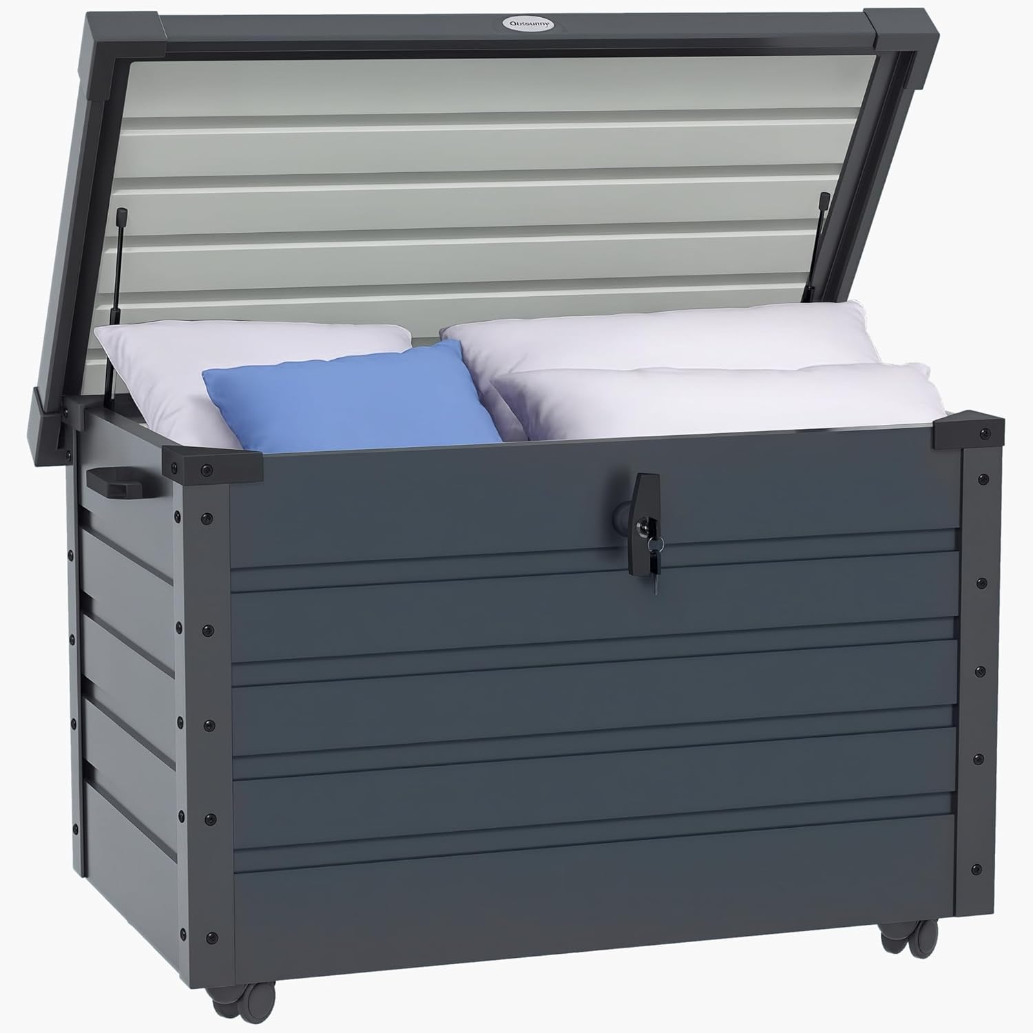 Outsunny Baule da Giardino da 311L con Serratura, 2 Maniglie e 4 Rotelle, Mobile Portaoggetti in Acciaio Zincato, 120x62x66 cm, Grigio Scuro