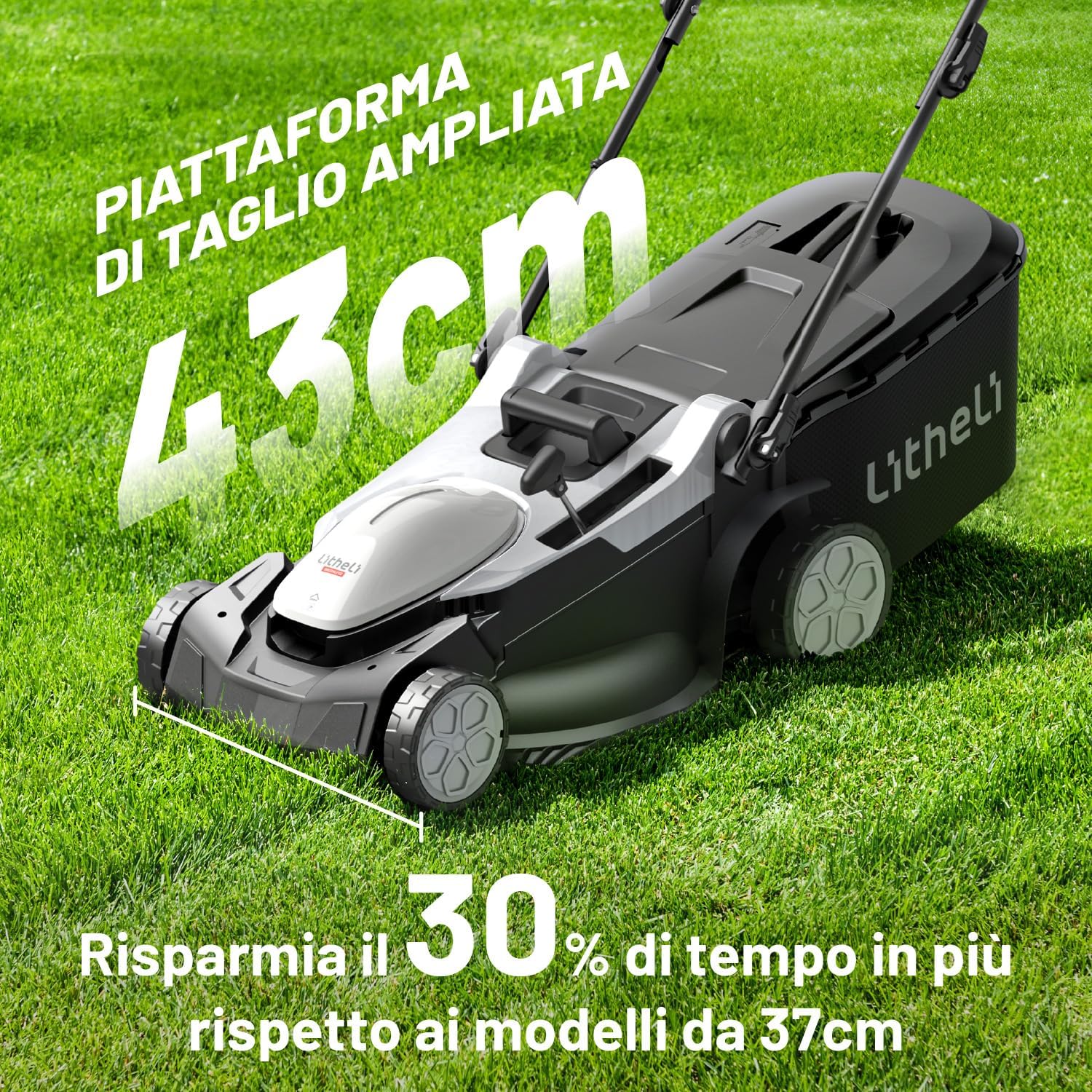 Litheli Lawnmower Battery 33 cm, 1 x 20 V Battery 4.0 Ah, Height Adjustable 25-65 mm, 30L Bag, for Lawns up to 200 m²