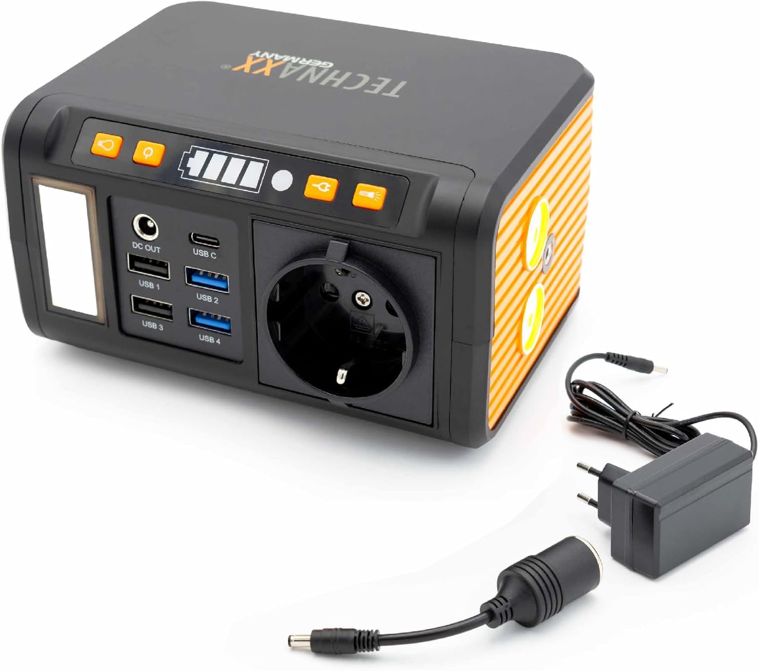 Technaxx TX-205 Mini Power Bank - 74Wh to 230V Power Bank with Integrated Socket - External Battery for Laptop, Mobile Phone, Mini Refrigerator, etc. - LED Panel, Lamp, 5xUSB