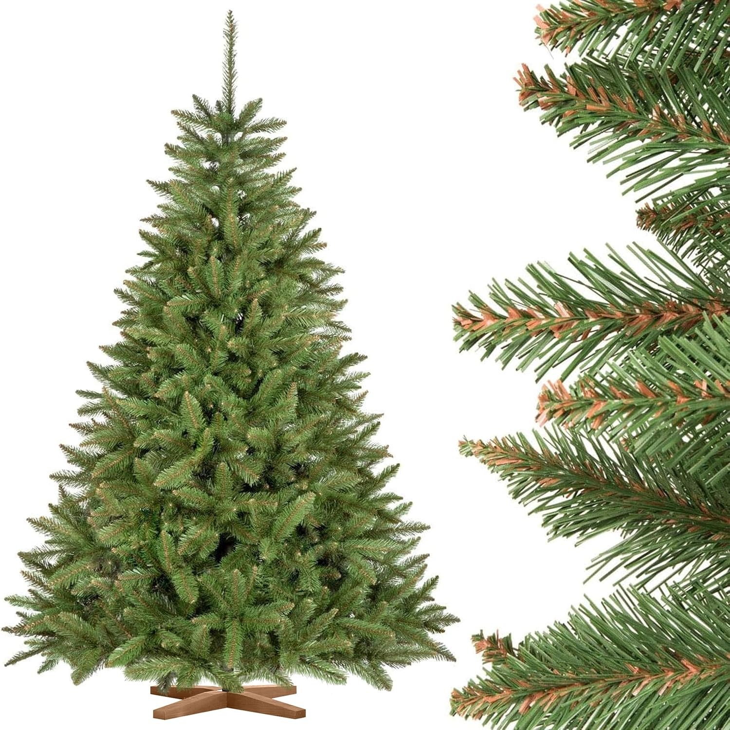 Albero di Natale artificiale FairyTrees 220cm Abete Rosso/Peccio naturale con supporto in legno | Abete di Natale artificiale con tronco verde | Facile da Montare | Prodotto in EU