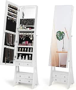 Armadietto Portagioie da Terra, Specchio Portagioie con Specchio Senza Cornice, 12 Luci LED, Specchiera Portagioie per Trucco da Terra, con 4 Cassettini, 41 x 36 x 159 cm (Bianco)