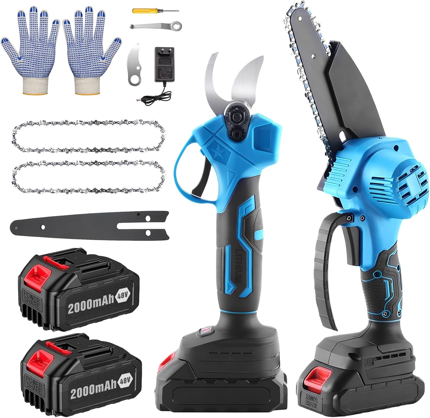 Cordless Pruning Shears, Cordless Hacksaw, Chainsaw Kit and Battery Scissors, 2 Batteries 48 V 2000 mAh, Comes with Chain and Scissors